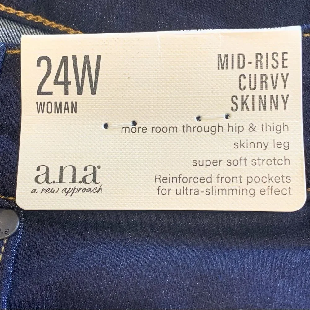 ANA Mid-Rise Curvy Skinny Jeans Dark Denim Rinse Color Size 24W